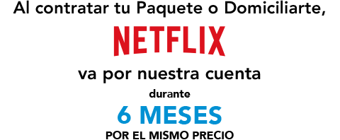 Al contratar tu Paquete o Domiciliarte, Netflix va por nuestra cuenta durante 6 meses por el mismo precio.