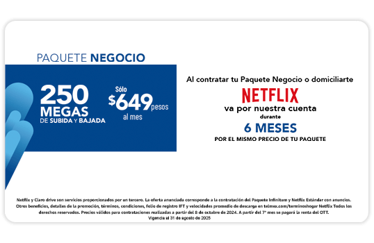 Infinitum exceso de velocidad con fibre óptica. Netflix va por nuestra cuenta durante 6 meses por el mismo precio de tu Paquete.