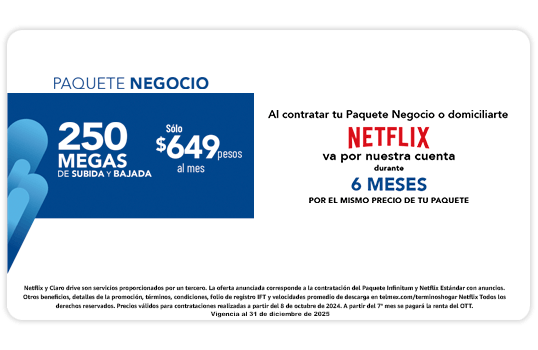 Infinitum exceso de velocidad con fibre óptica. Netflix va por nuestra cuenta durante 6 meses por el mismo precio de tu Paquete.